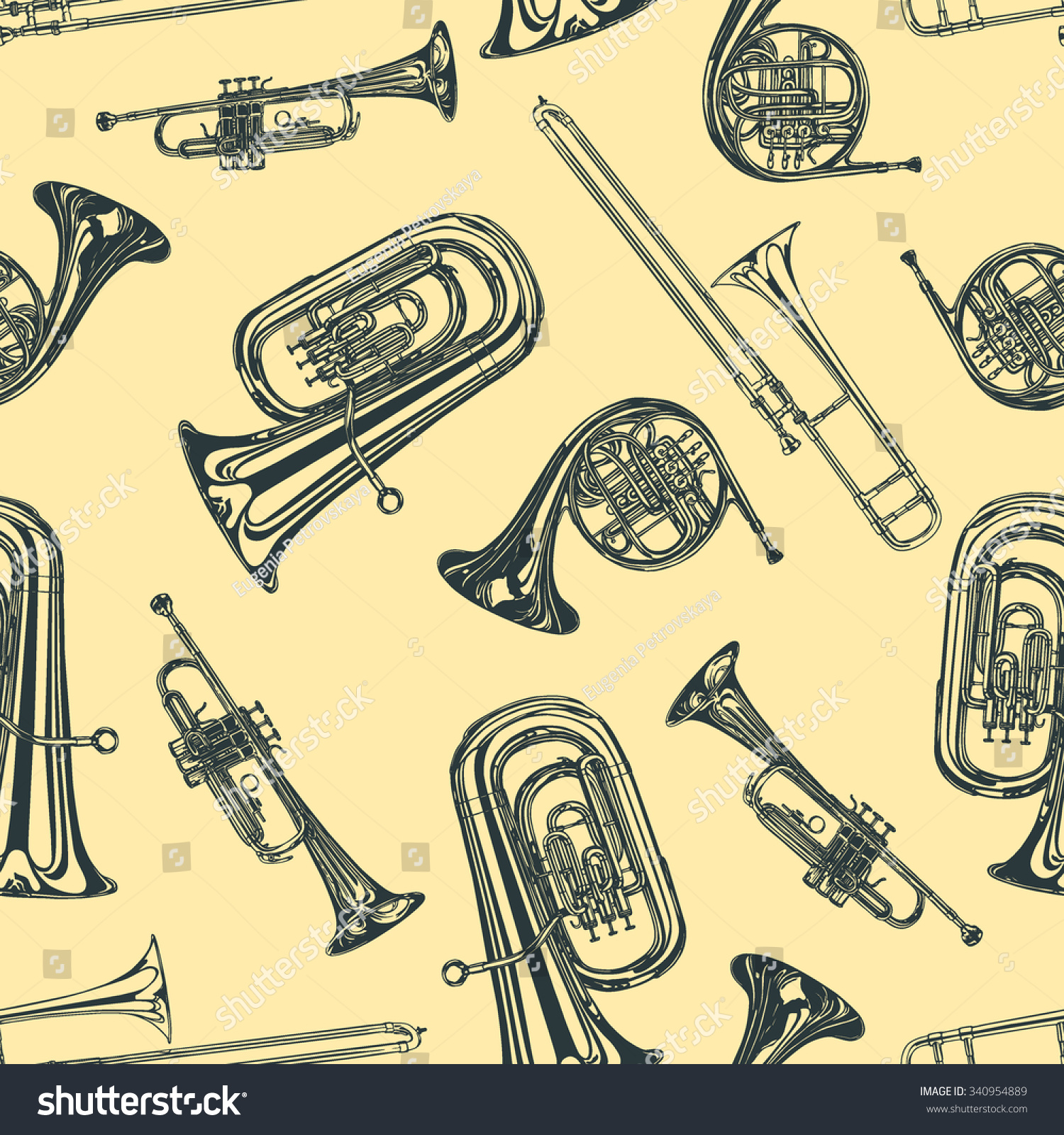 Vector Seamless Pattern Hand Drawn Brass Stock Vector 340954889