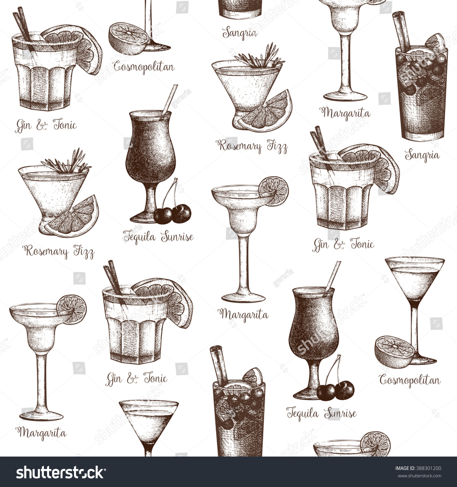 Vector Seamless Pattern With Vintage Alcoholic Cocktails Sketch