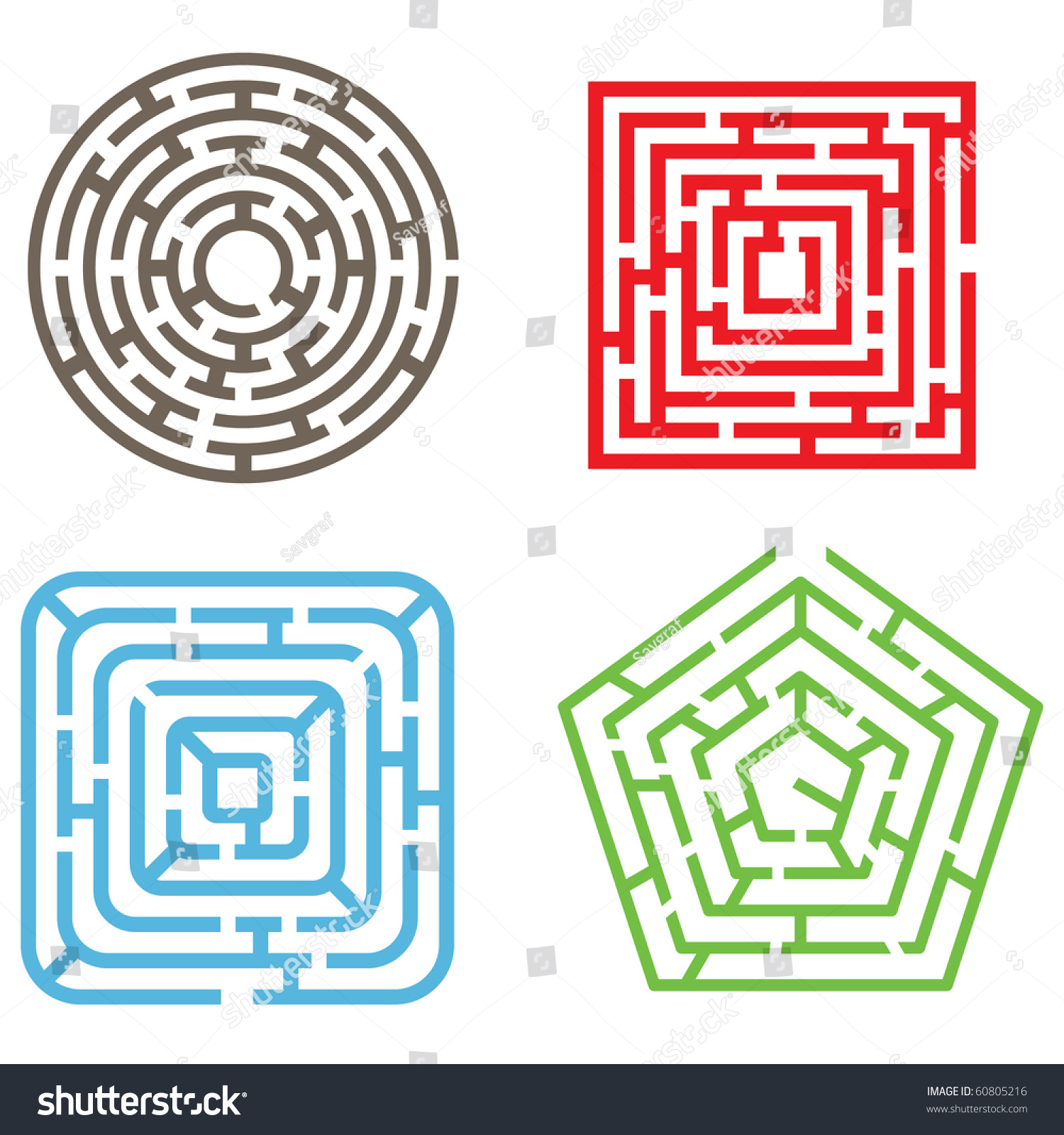 Vector Set. Four Isolated Maze Elements. Different Types Of Labyrinths