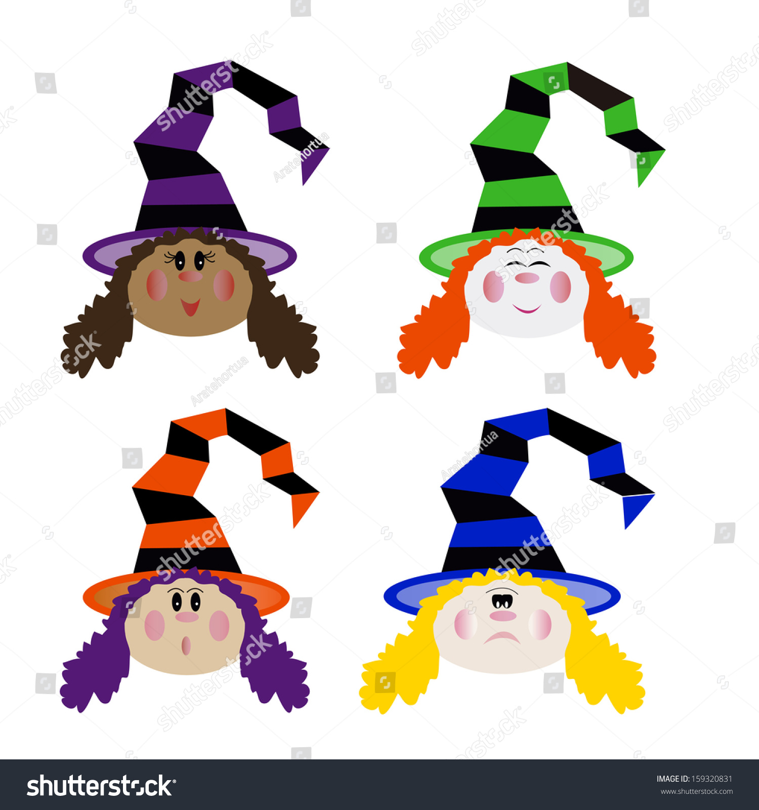 Vector Set Cute Cartoon Witch Faces Stock Vector 159320831 - Shutterstock