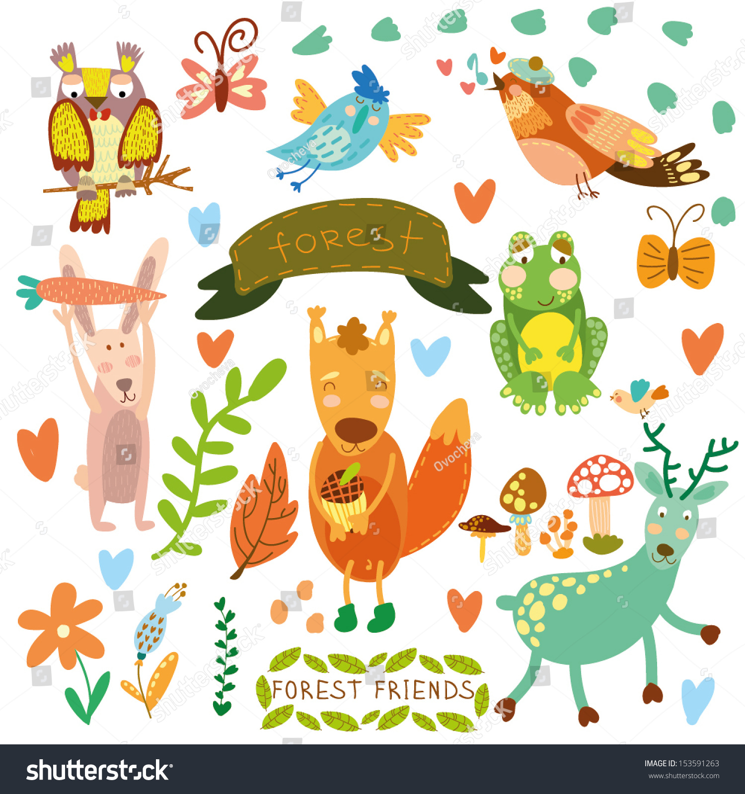 Vector Set Of Cute Woodland And Forest Animals.squirrel,rabbit 