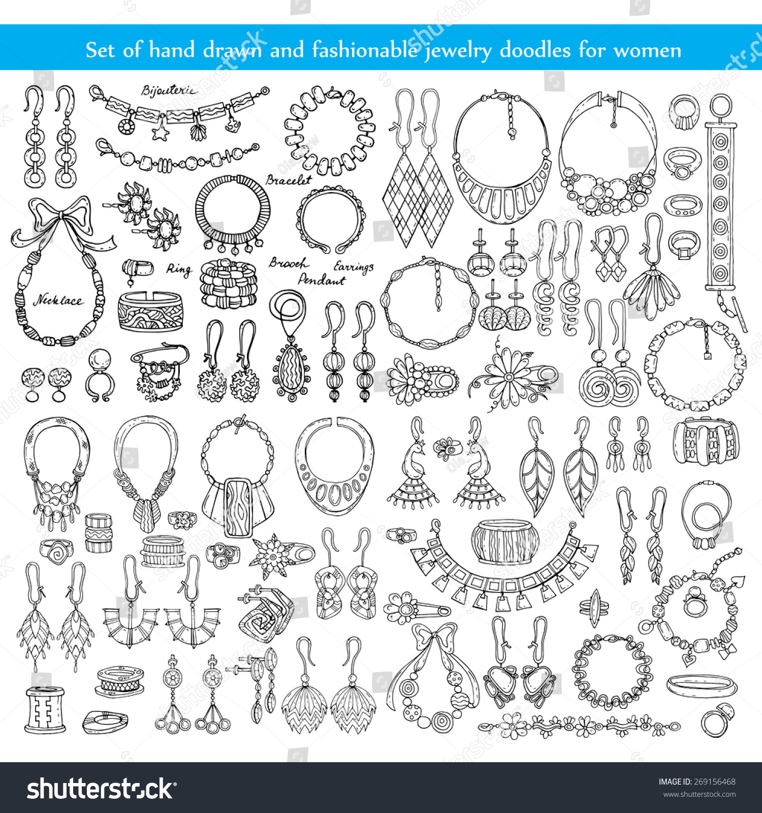 Vector Set Of Hand Drawn And Fashionable Jewelry Doodles For Women On 