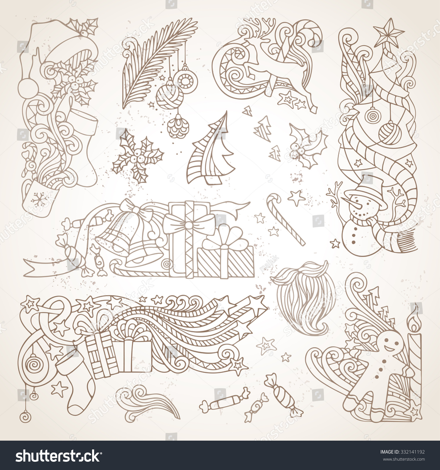 Vector Set Of Sepia Hand-Drawn Christmas Ornaments. Vintage Christmas