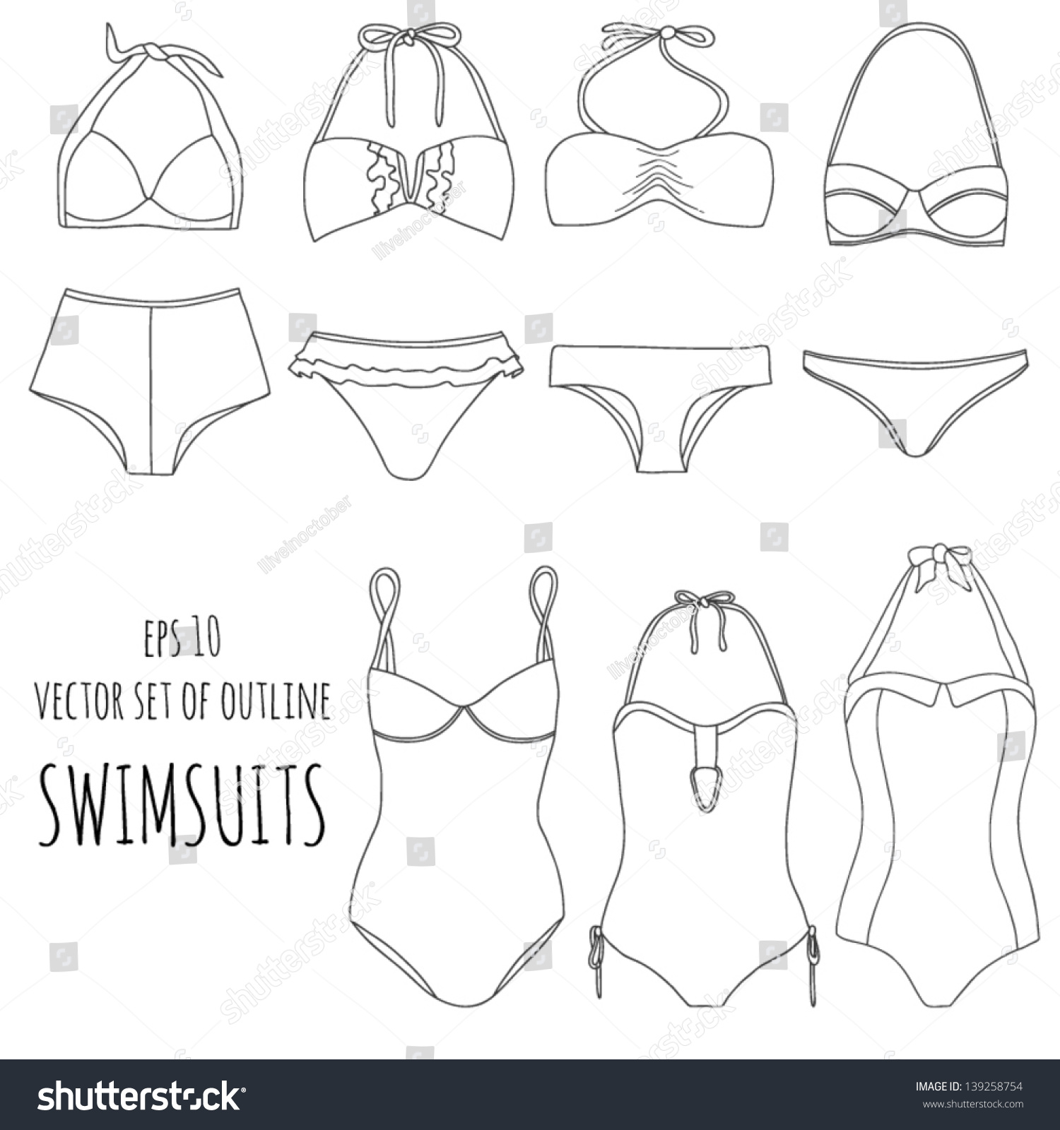 Vector Set Seven Different Swimwear Contour Stock Vector 139258754