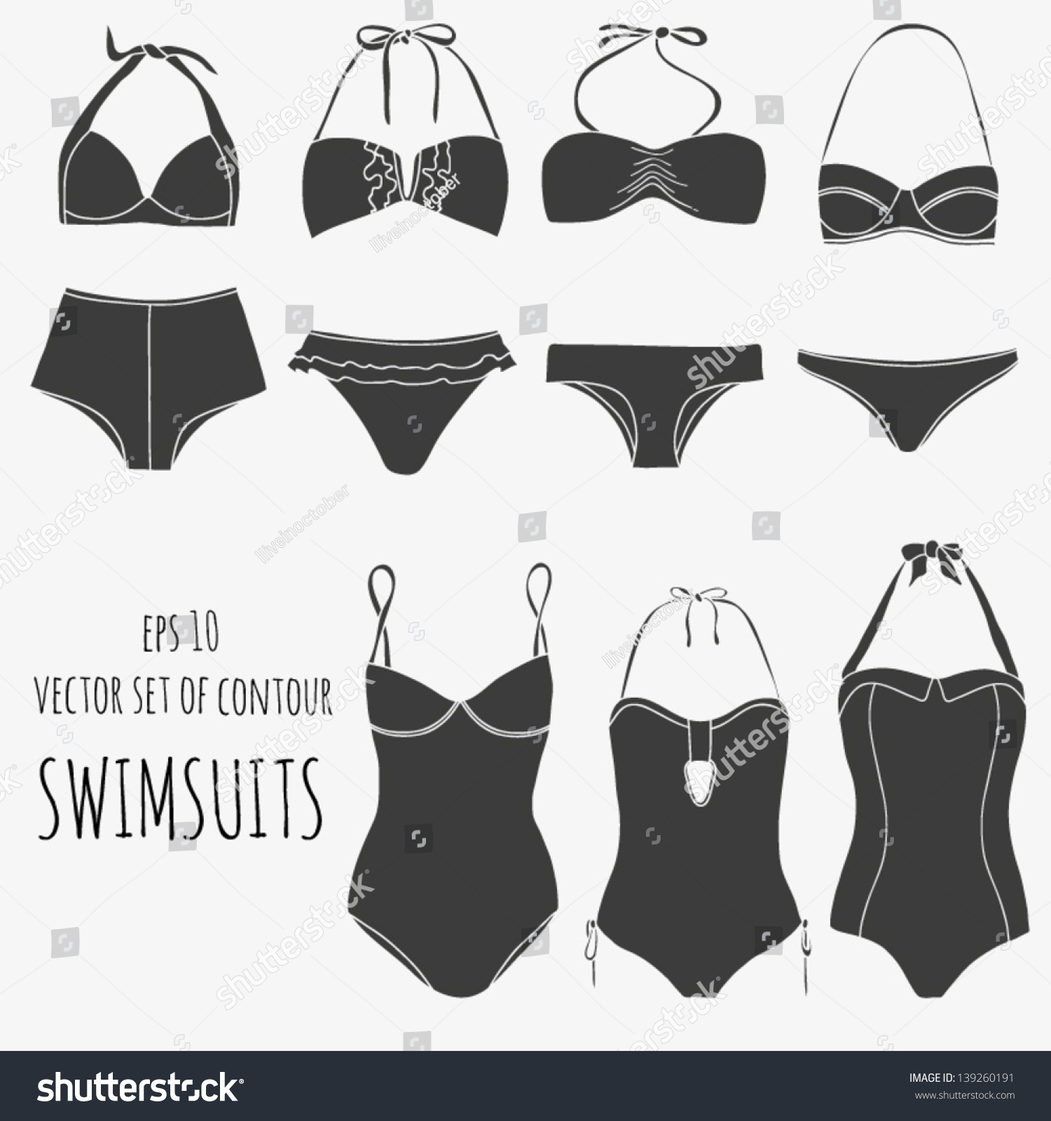 Vector Set Of Seven Swimsuits Contour Swimwear Isolated Fashion