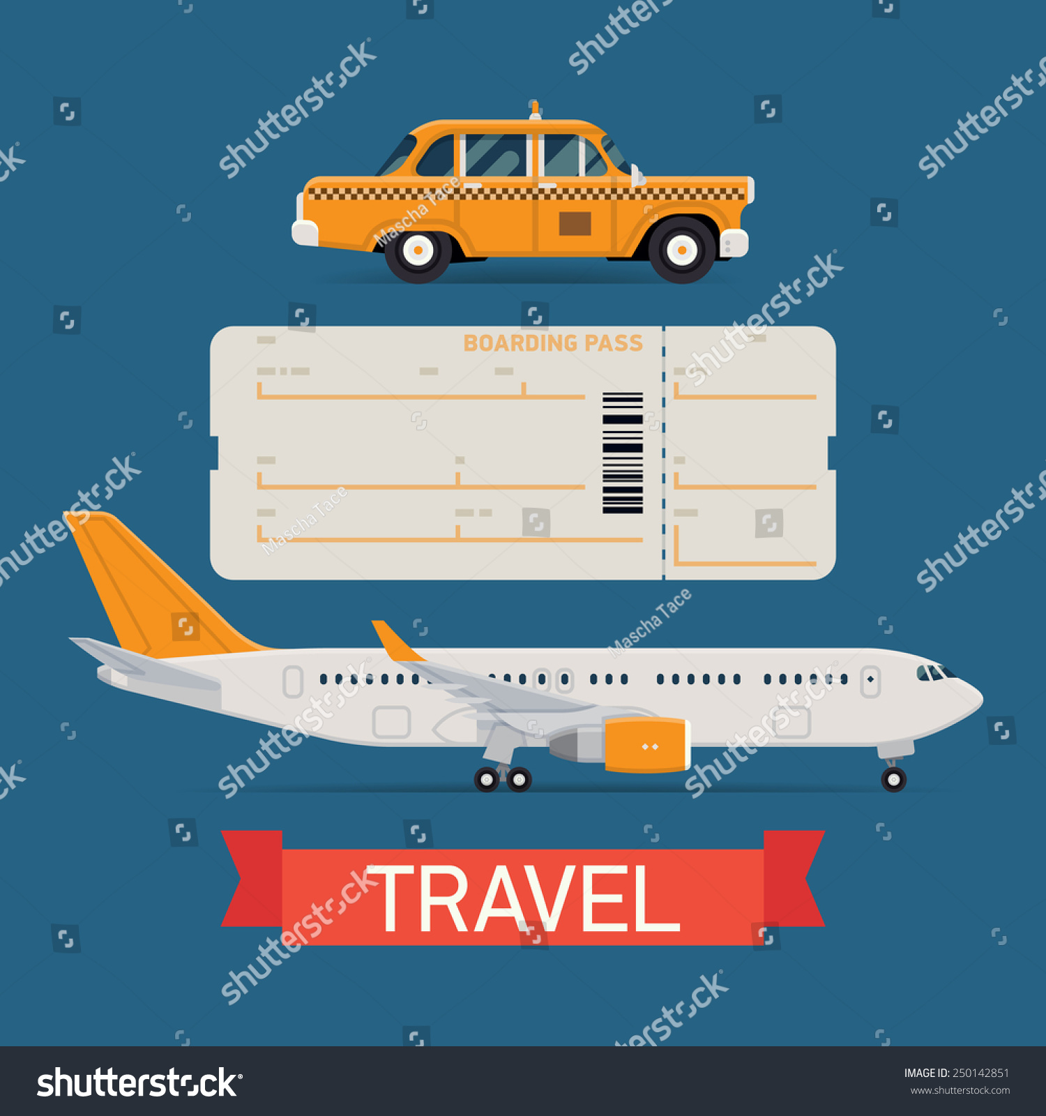 Vector set on travel flat design transportation icons featuring passenger jet airliner boarding pass airfare ticket blank and city yellow cab taxi vehicle Vector set on travel flat design transportation icons featuring passenger jet airliner boarding pass airfare ticket blank and city yellow cab taxi vehicle