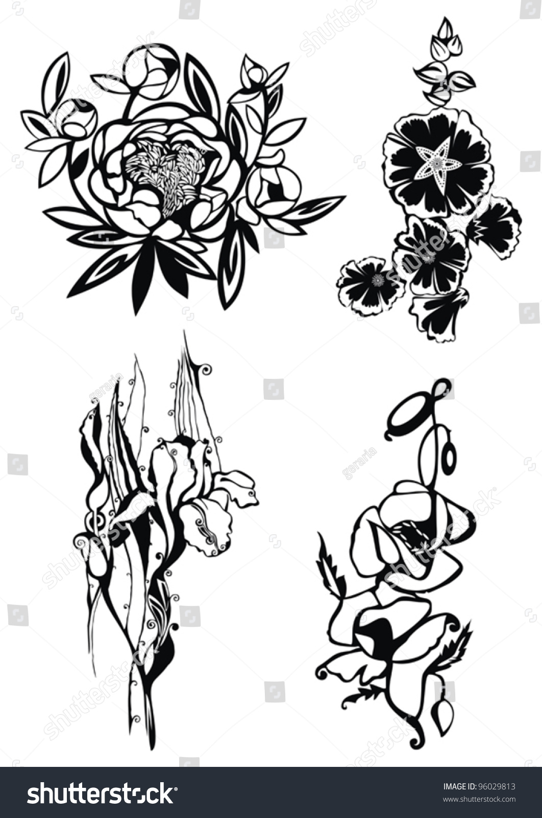 Vector Set With Decorative Flowers With Ornamental Elements, Artistic