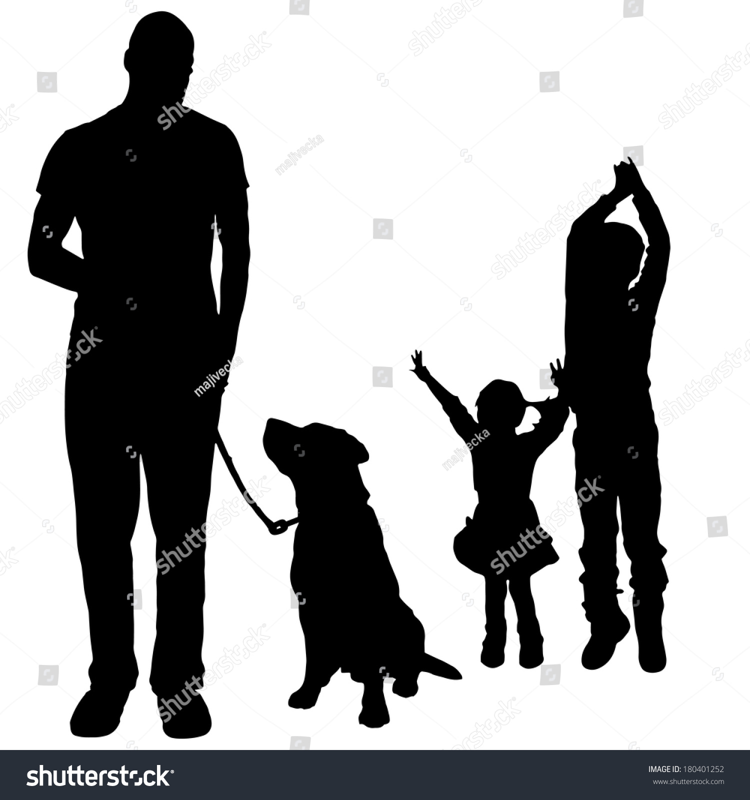 Vector Silhouette Of A Family With A Dog For A Walk. 180401252