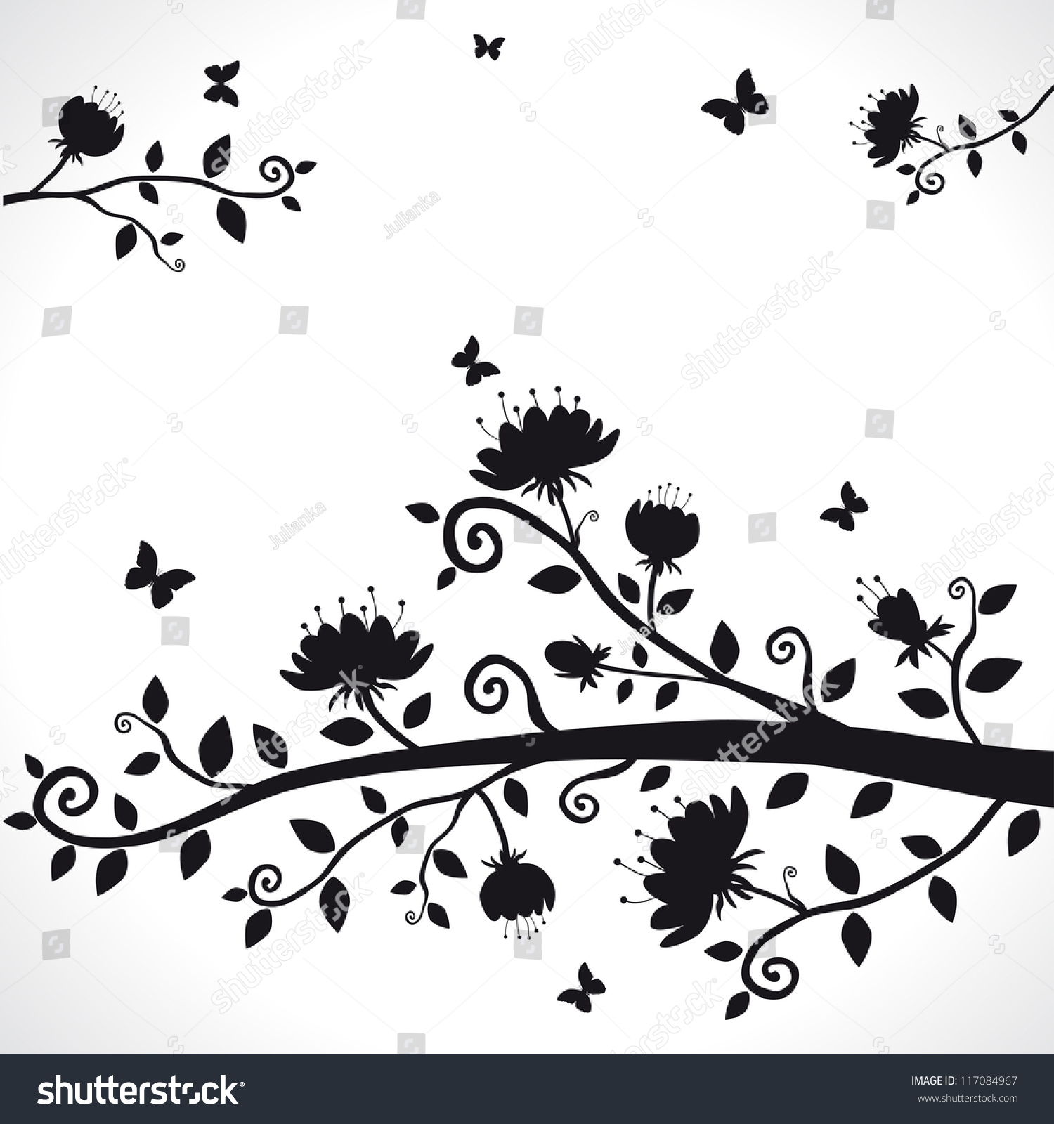 Vector Silhouette Of The Branch With Beautiful Flowers - 117084967