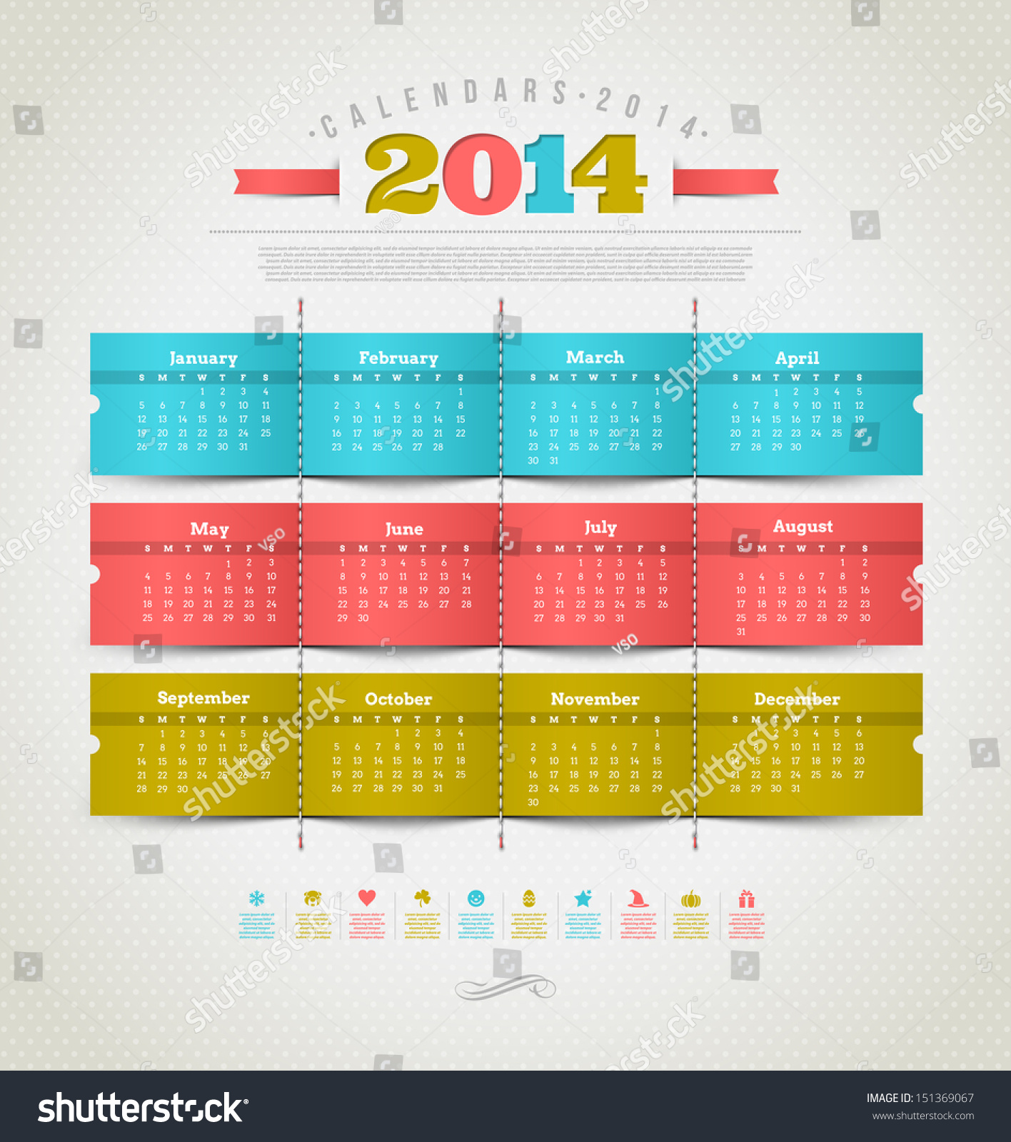 Vector Template Design - Calendar Of 2014 With Holidays Icons ...