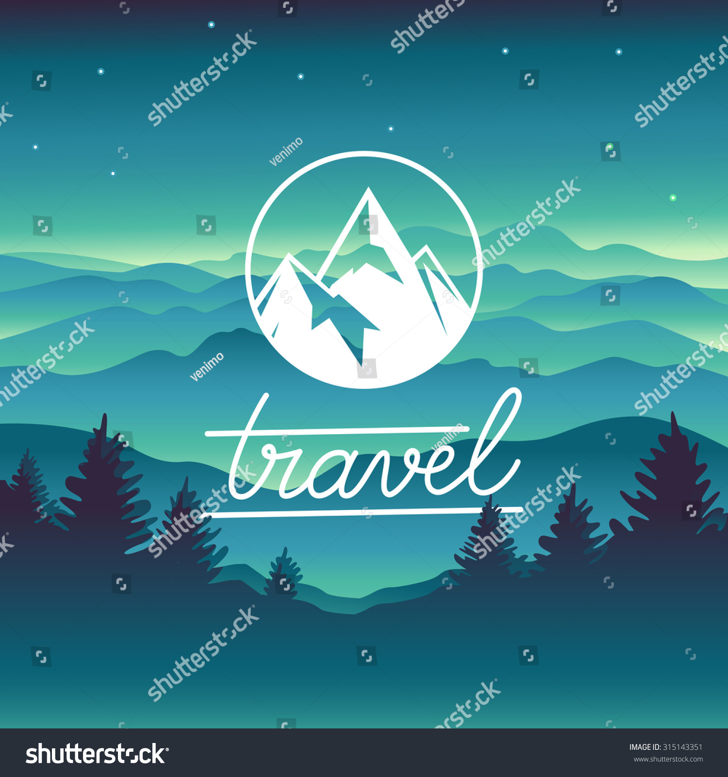 Vector travel concept and logo design element mountain landscape in simple style and circle badge with summit Vector travel concept and logo design element mountain landscape in simple style and circle badge with summit