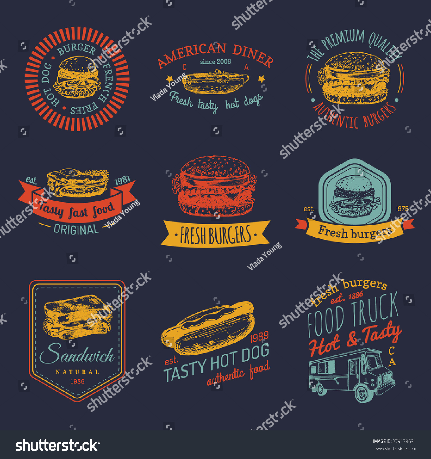 Vector Vintage Fast Food Logo Set. Retro Eating Signs Collection. Hand ...