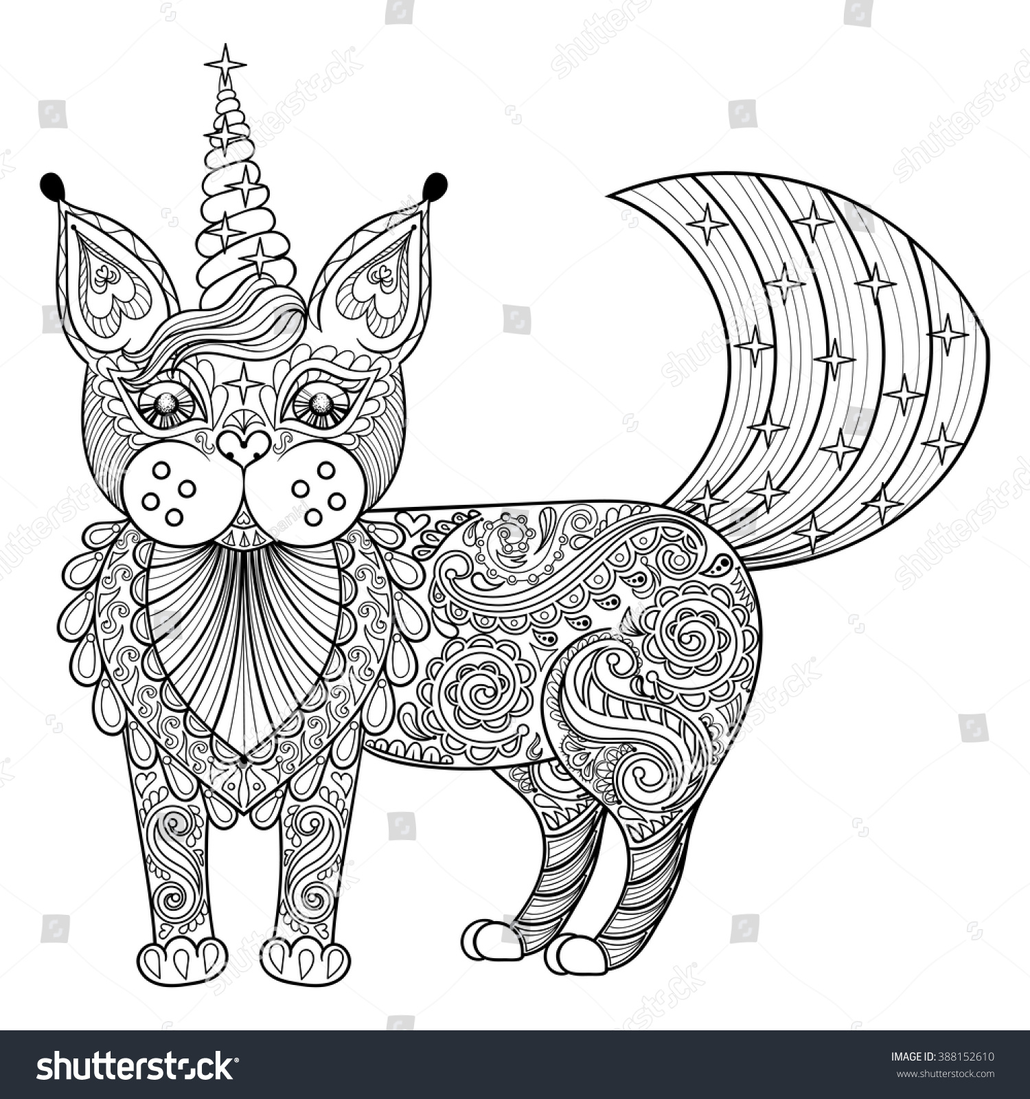 Vector Zentangle Magic Cat Unicorn Black Stock Vector 388152610 - Shutterstock