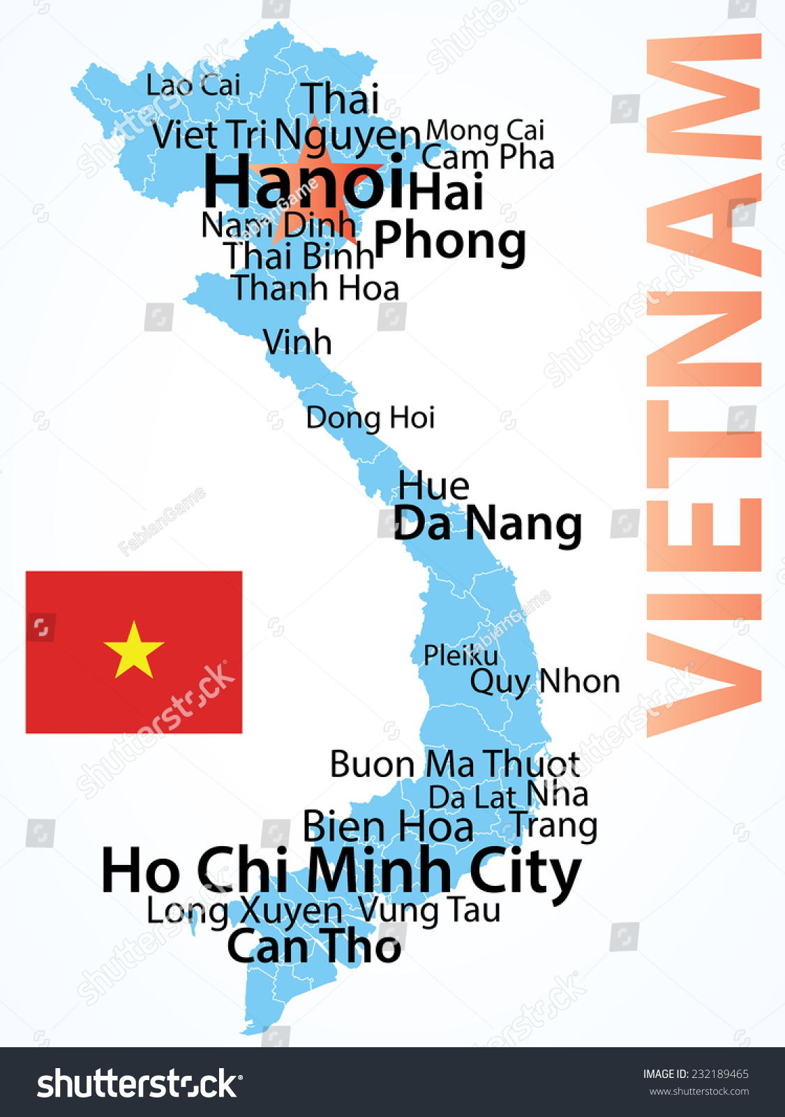 Vietnam - Vector Map With Largest Cities, Carefully Scaled Text By City ...