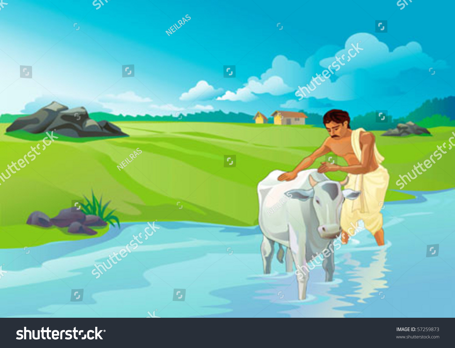 Village Life Man Washes His Cow By The River Stock Vector Illustration