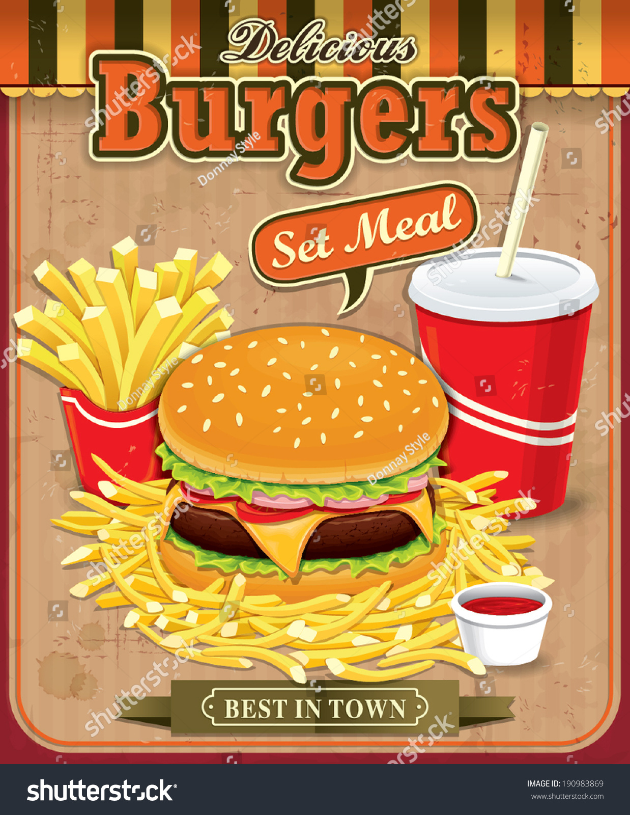 Vintage Burgers With Fries And Drink Set Poster Design Stock Vector 190983869 Shutterstock 1184