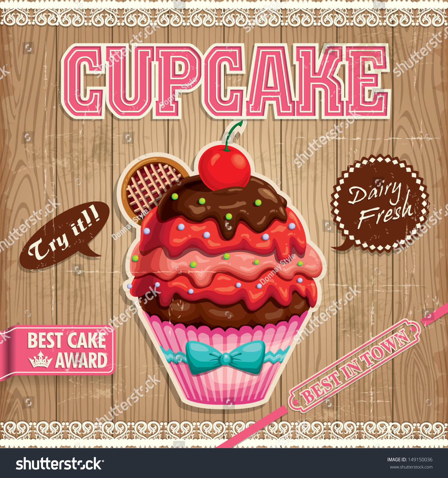 Vintage Cupcake Poster Design With Wood Background Stock ...