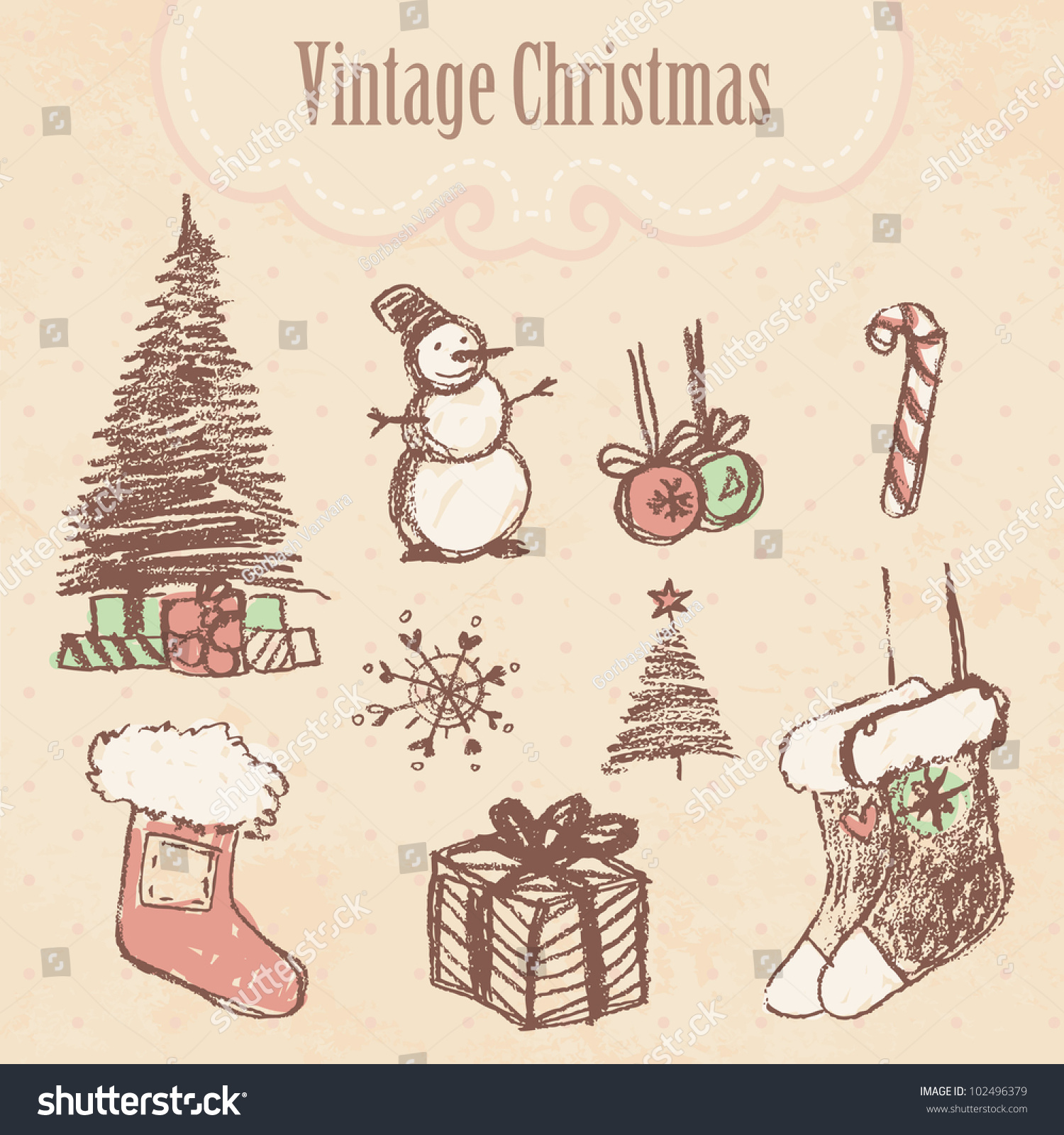 Vintage Hand Drawn Christmas Set. Vector Illustration. - 102496379