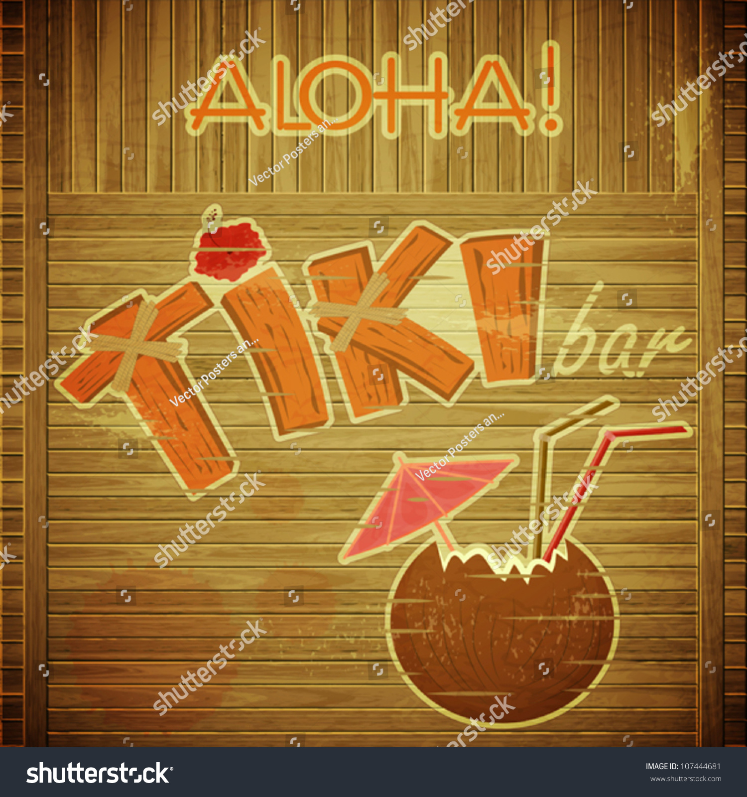 Vintage Hawaiian Postcard - Retro Design Tiki Bar Menu On Wooden 