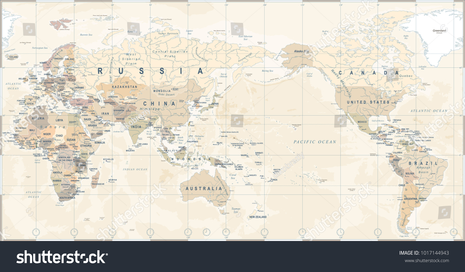 Vintage Political World Map Pacific Centered Stock Vector Royalty Free