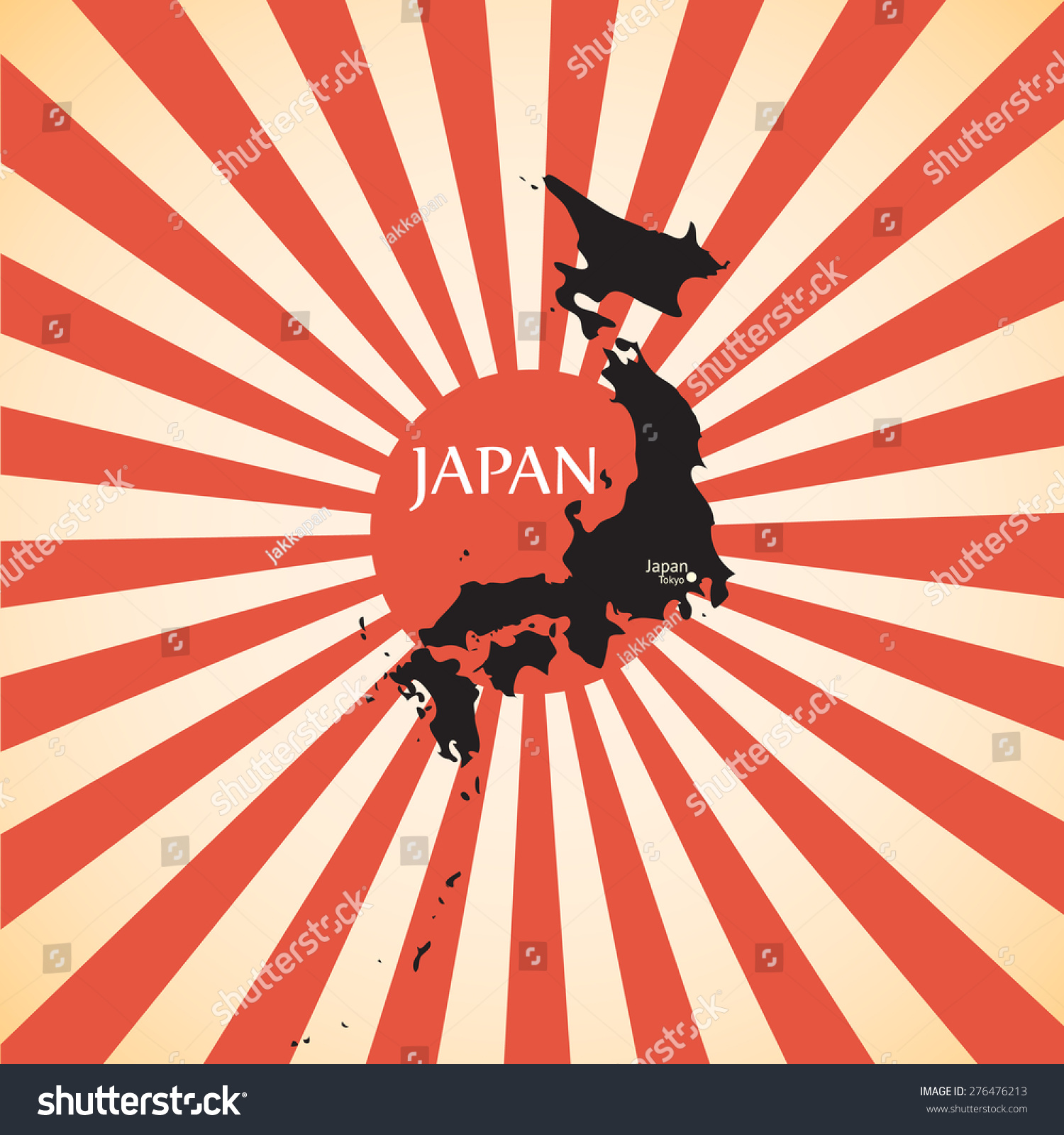 Vintage Red Rising Sun Or Sun Ray,Sun Burst And Japan Map Vector Design - 276476213 : Shutterstock