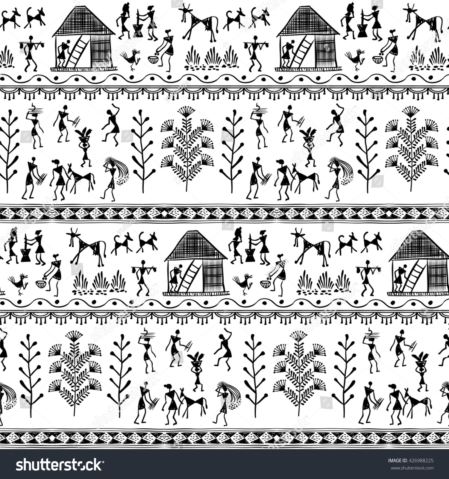 Warli Painting Seamless Pattern Hand Drawn Stock Vector Royalty Free