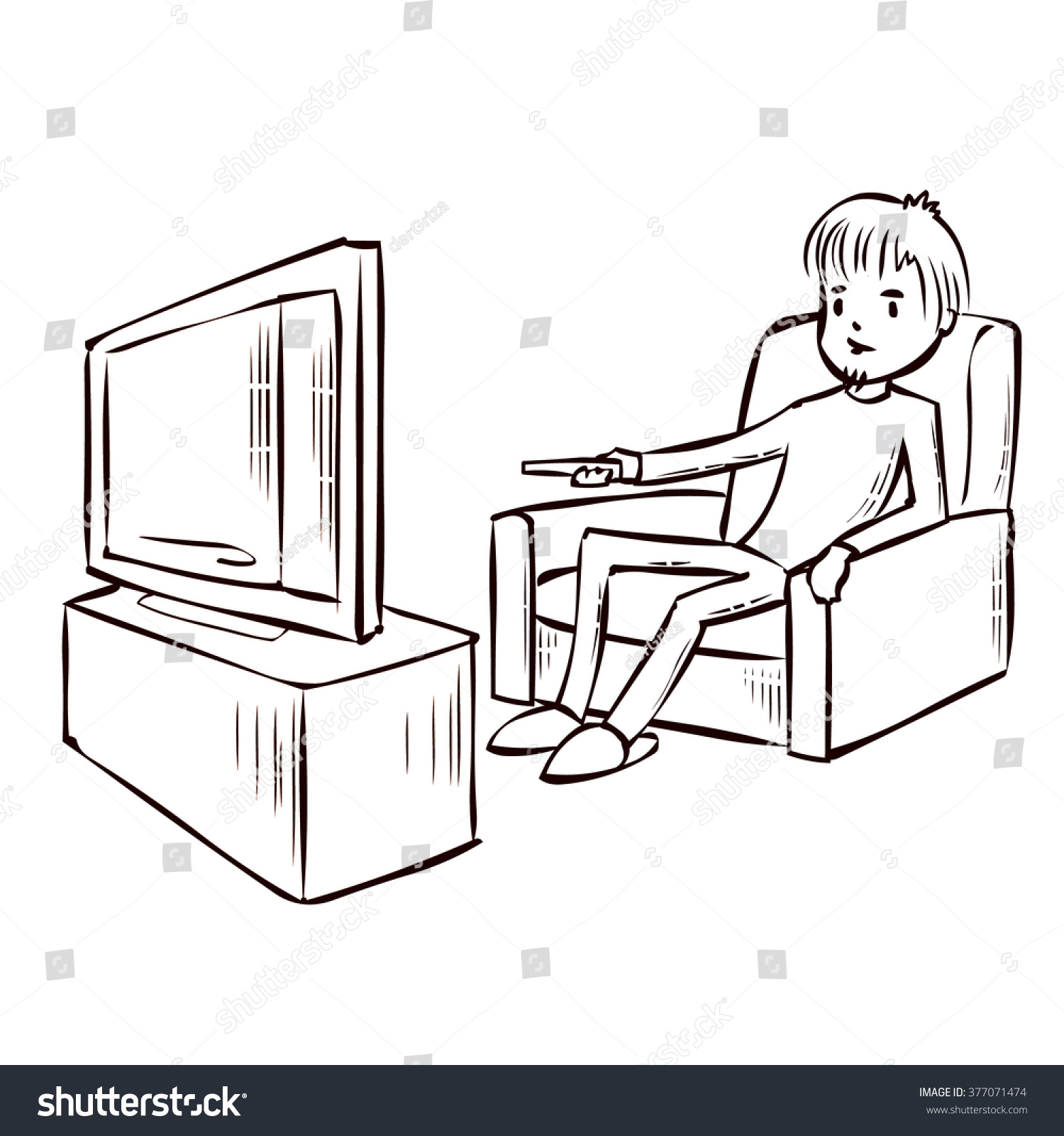 Watching Tv. Hand Drawn Cartoon Vector Illustration. 377071474
