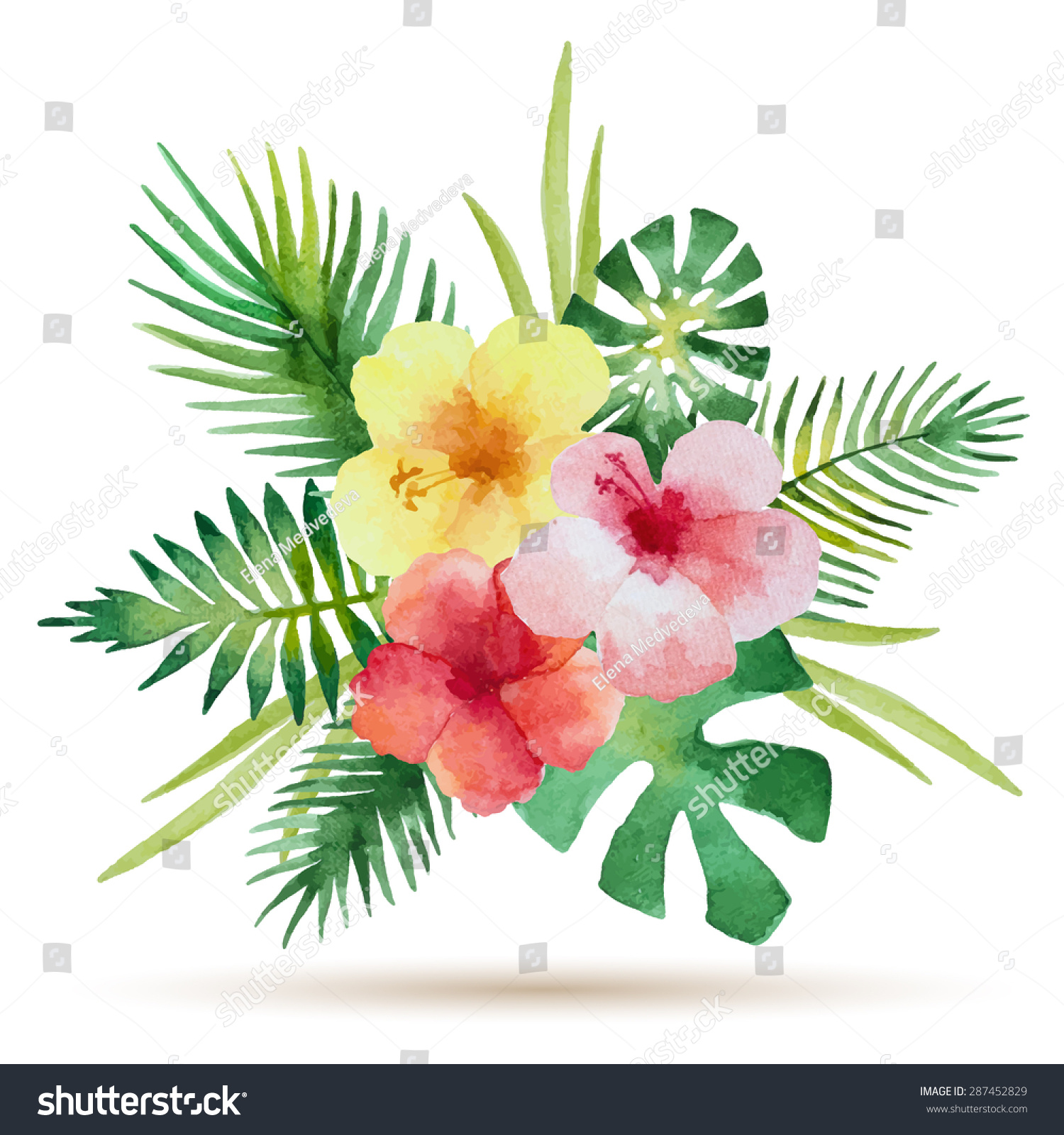 Watercolor Bouquet Of Hibiscus Flowers And Tropical Green Leaves Isolated On White Background