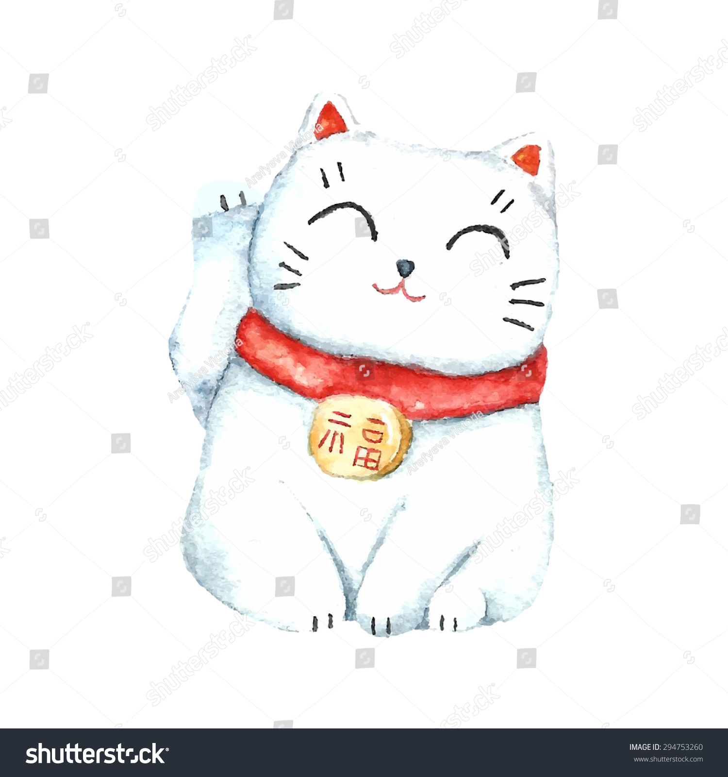 Watercolor Maneki Neko. Hand Draw Japanese Lucky Cat. Vector