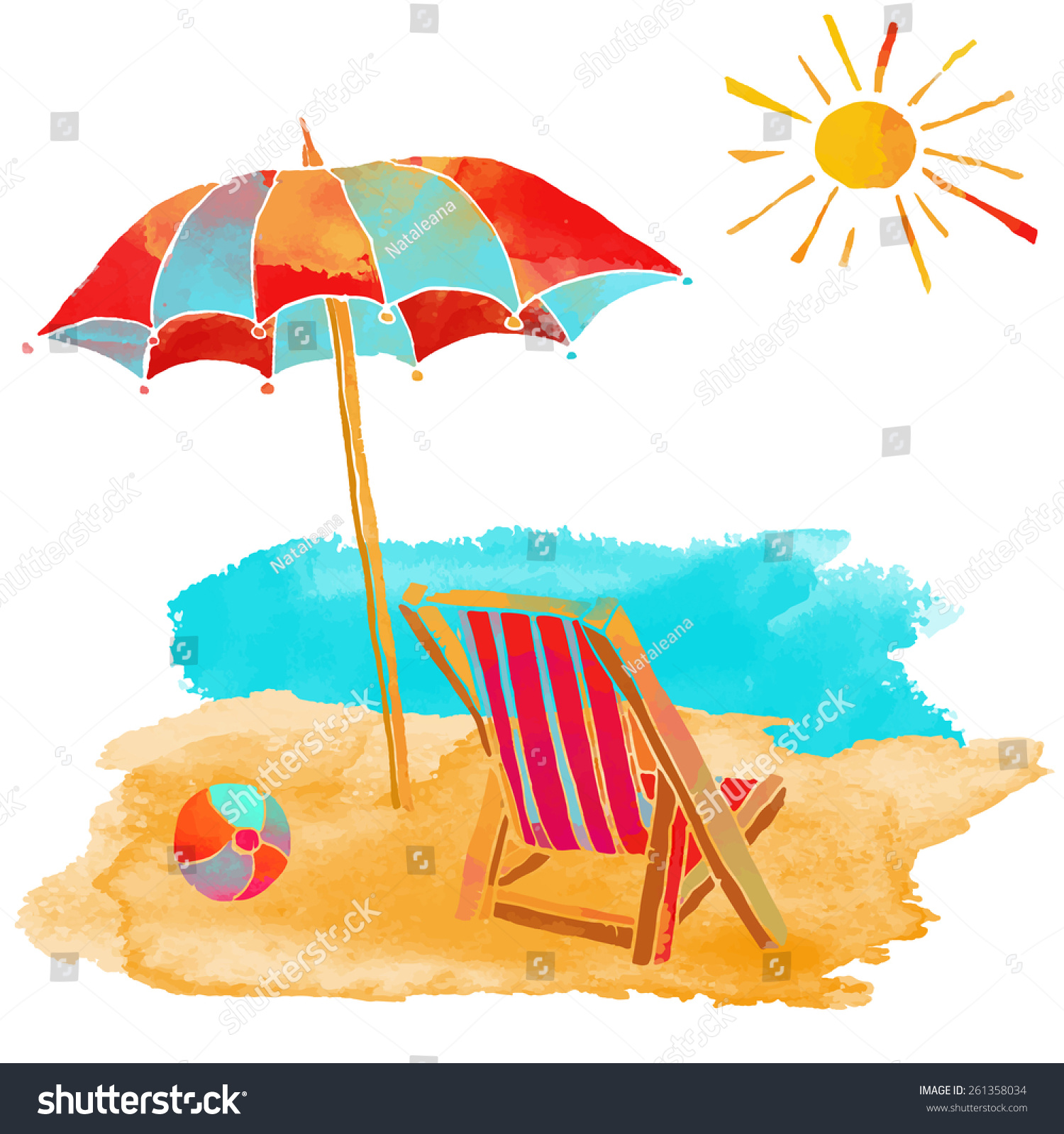 Watercolor Summer Beach Set. Sea, Sun, Sun Umbrella, Ball ...
