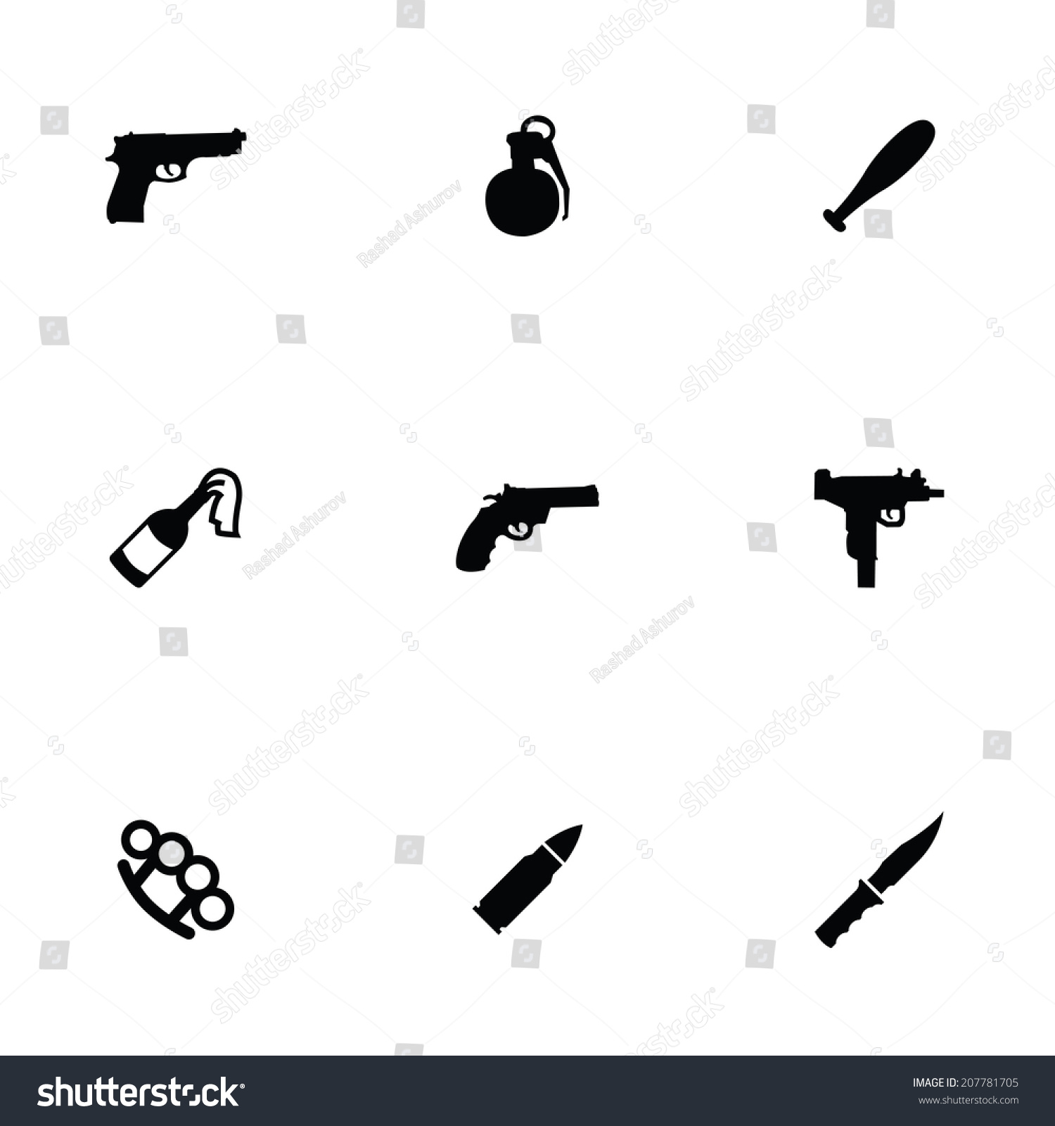 Weapon Icons Set, Black On White Background Stock Vector Illustration