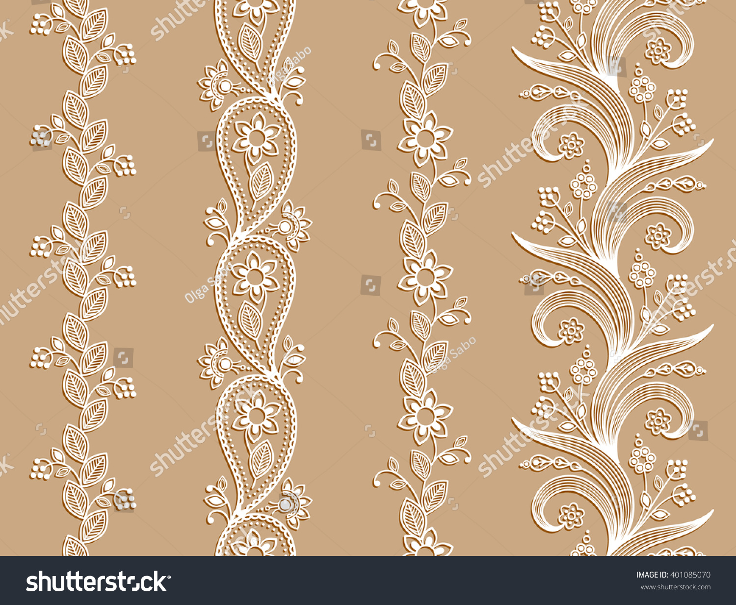 White ornamental seamless borders Mehndi style.Four floral borders with transparent shadows and separated from background White ornamental seamless borders Mehndi style.Four floral borders with transparent shadows and separated from background