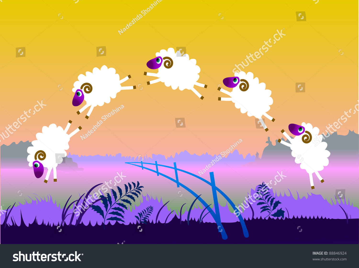 White Sheep Jump Over Fence On Meadow At Sunset Stock Vector