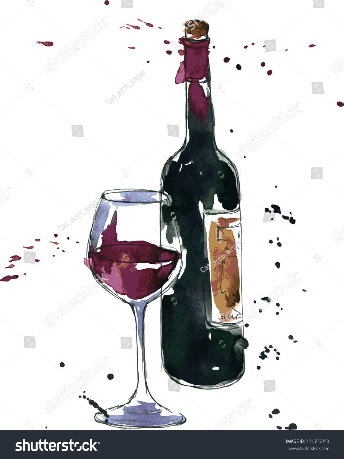 Wine Bottle And Glass Drawing By Watercolor And Ink Hand Drawn Vector Illustration 231555358