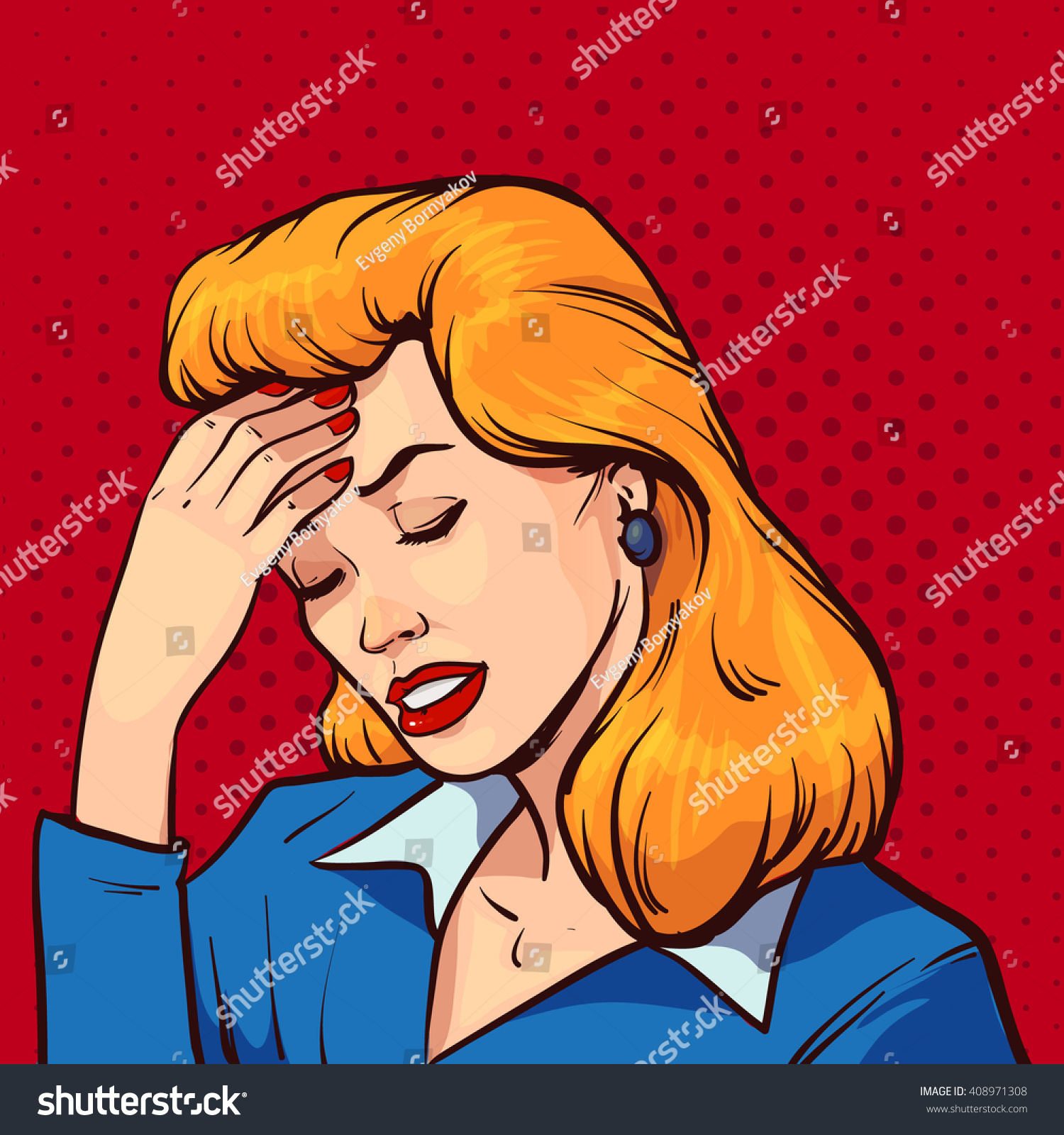 Woman Get Headache Healthcare And Migraine Cartoon Character Pop Art Retro Style Vector 0103