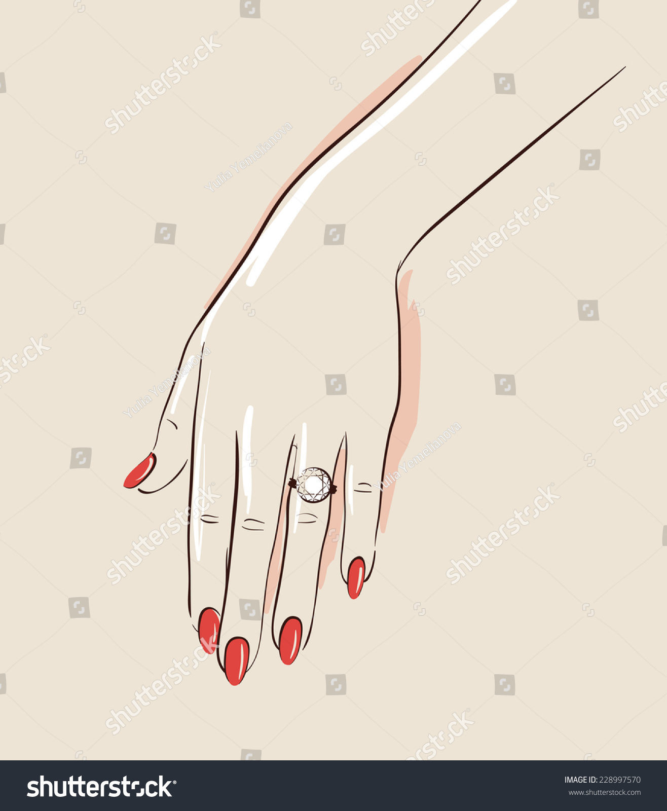 Woman Hand Wearing A Wedding Ring Drawing. Illustration Eps 10