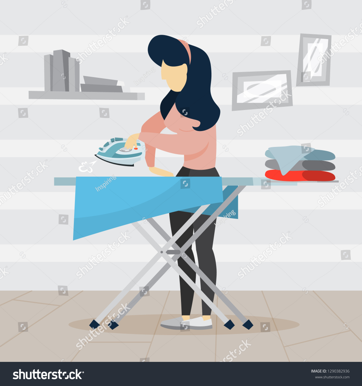 Woman Iron Clothes On Ironing Board Stock Vector Royalty Free