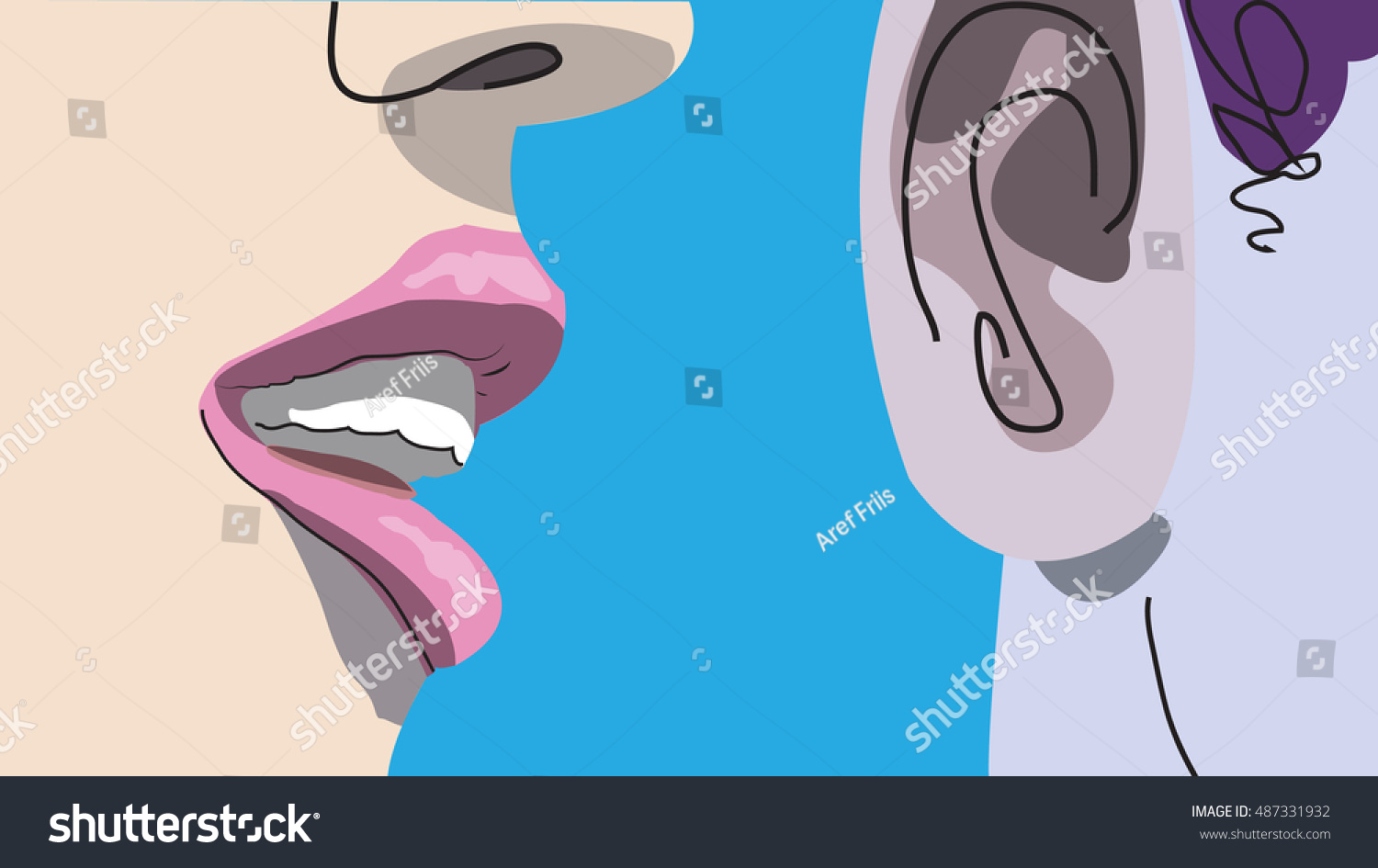 Woman Lips Whispering Mans Ear Drawing Stock Vector Royalty Free