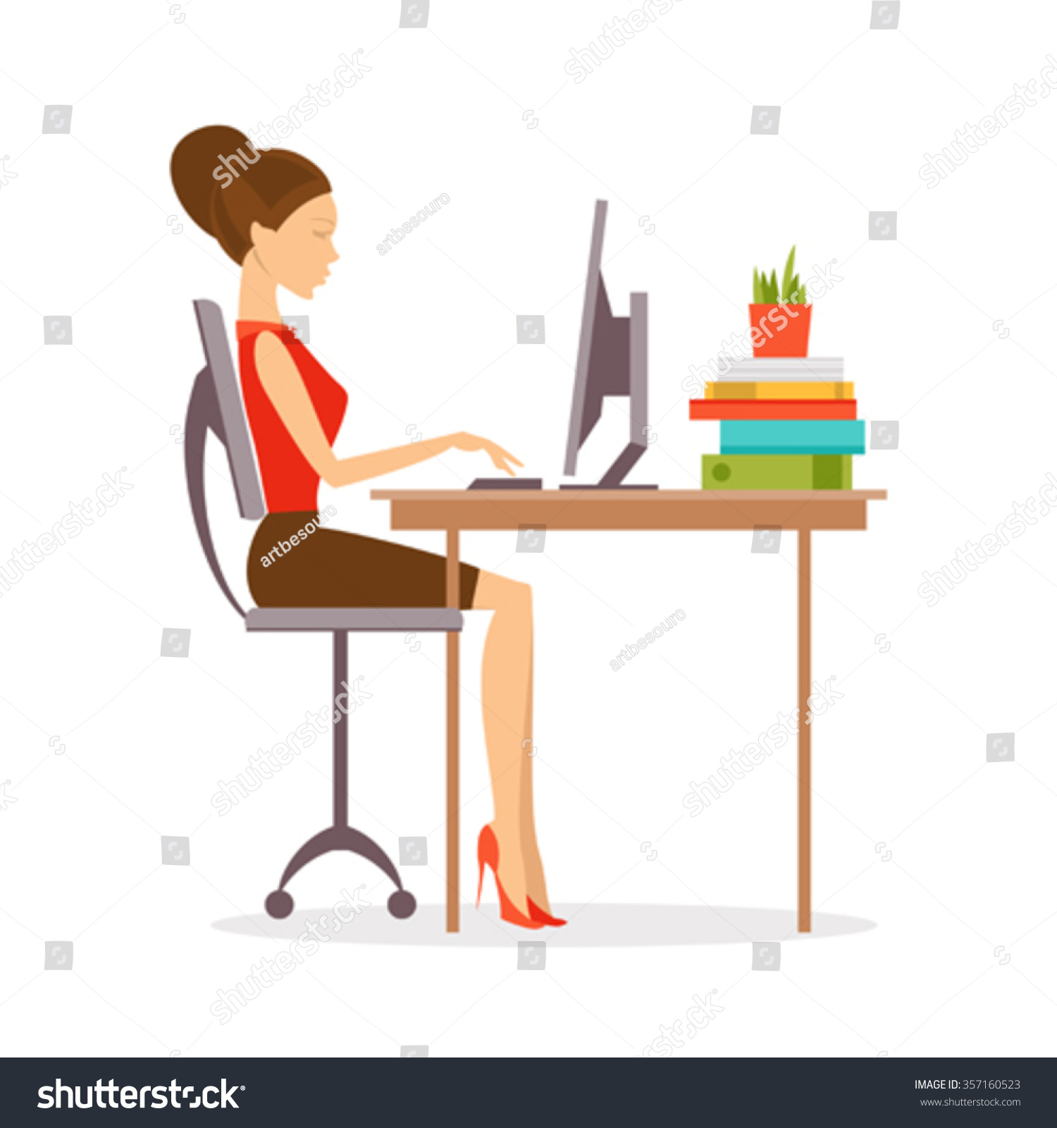 Woman Sitting Computer Correct Position Stock Vector 357160523