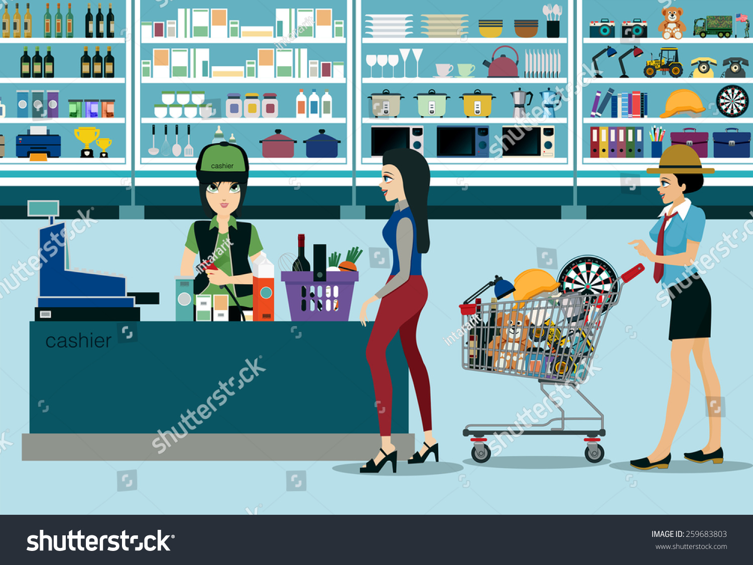 Women Spend Money Shopping In The Supermarket. Stock Vector ...