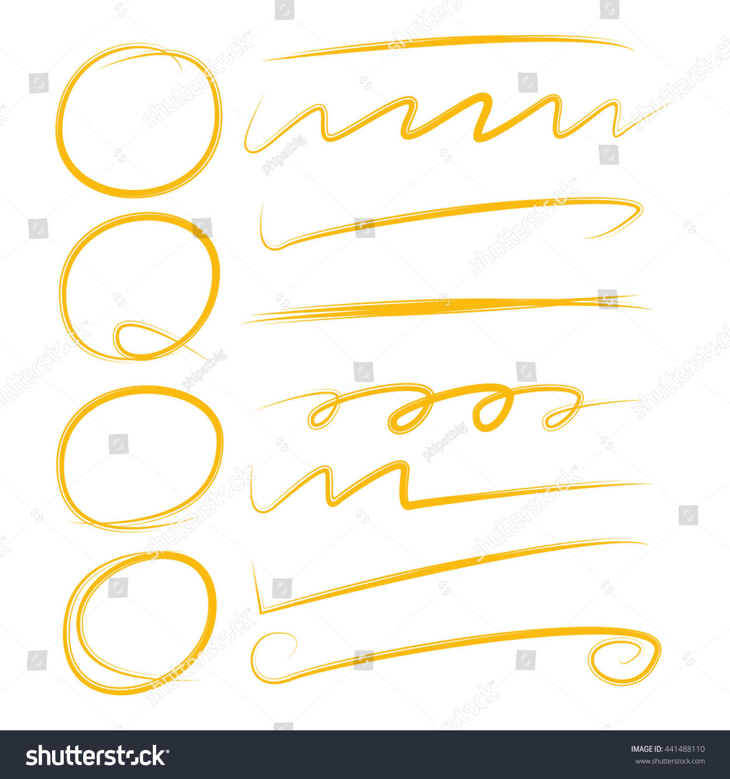 Yellow Hand Drawn Underline, Brush Line, And Circle For Marking Text
