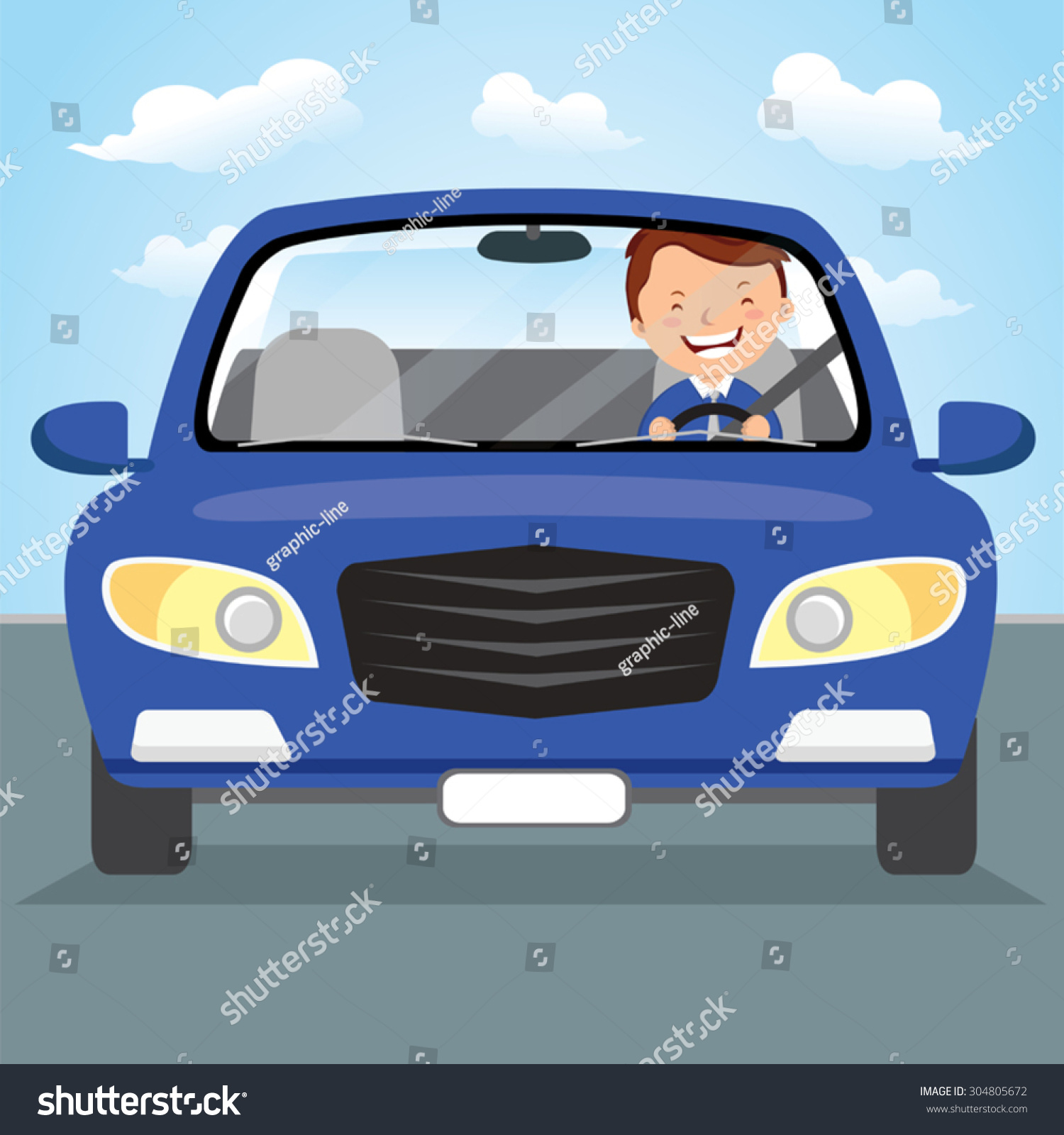 Young Man Driving Blue Car On The Road. Vector Illustration Of A