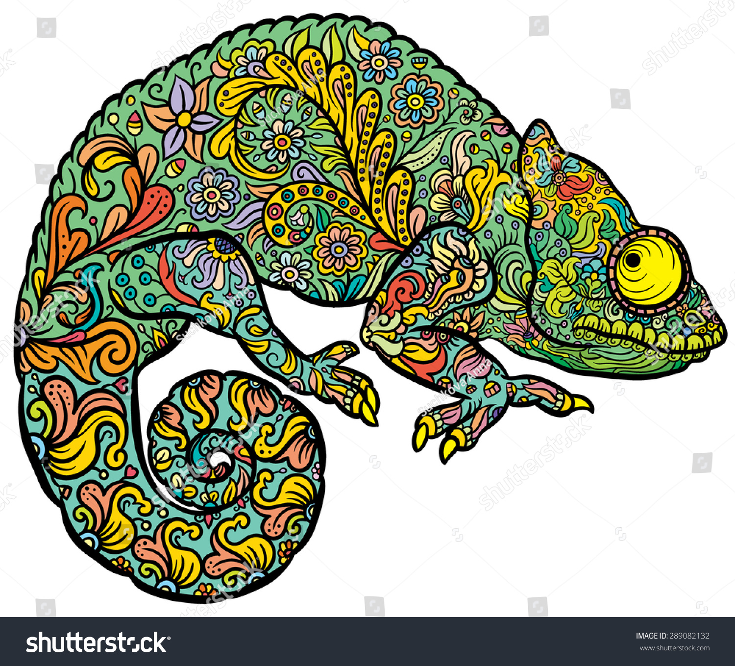 Zentangle Stylized Multi Coloured Chameleon. Hand Drawn Reptile Vector ...