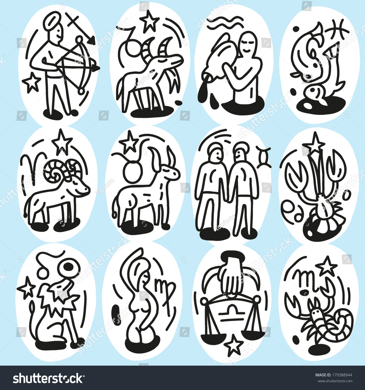 Zodiac Icons Doodles Set Stock Vector Royalty Free 179388944