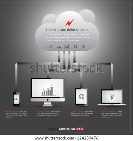 Cloud Computing concept background vector / tablet, smartphone, computer, desktop, monitor / gray background