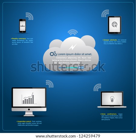 Cloud Computing concept background vector / tablet, smartphone, computer, desktop, monitor / blue background , simply data cloud concept