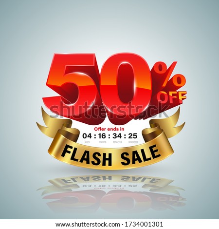 Flash sale banner for sale 50 percent off 3D style. Vector illustration for promotion advertising.