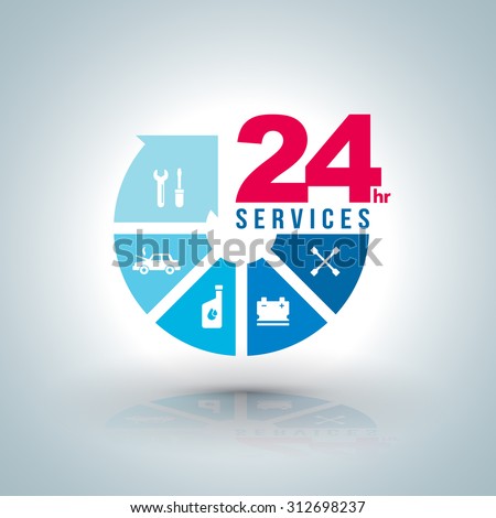 Circle arrow step services  24 hours with icons for car service. Vector illustration. for car services concept and business car services.