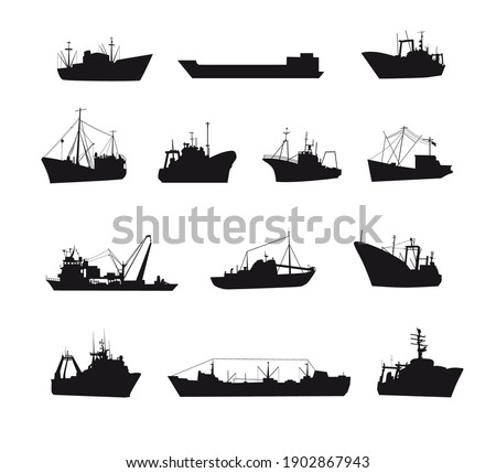 Set of fishing boats icons isolated on a white background.