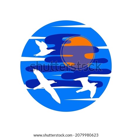 Logo with flying seabirds on a background of blue sky and sun in a circle isolated Stock foto © 